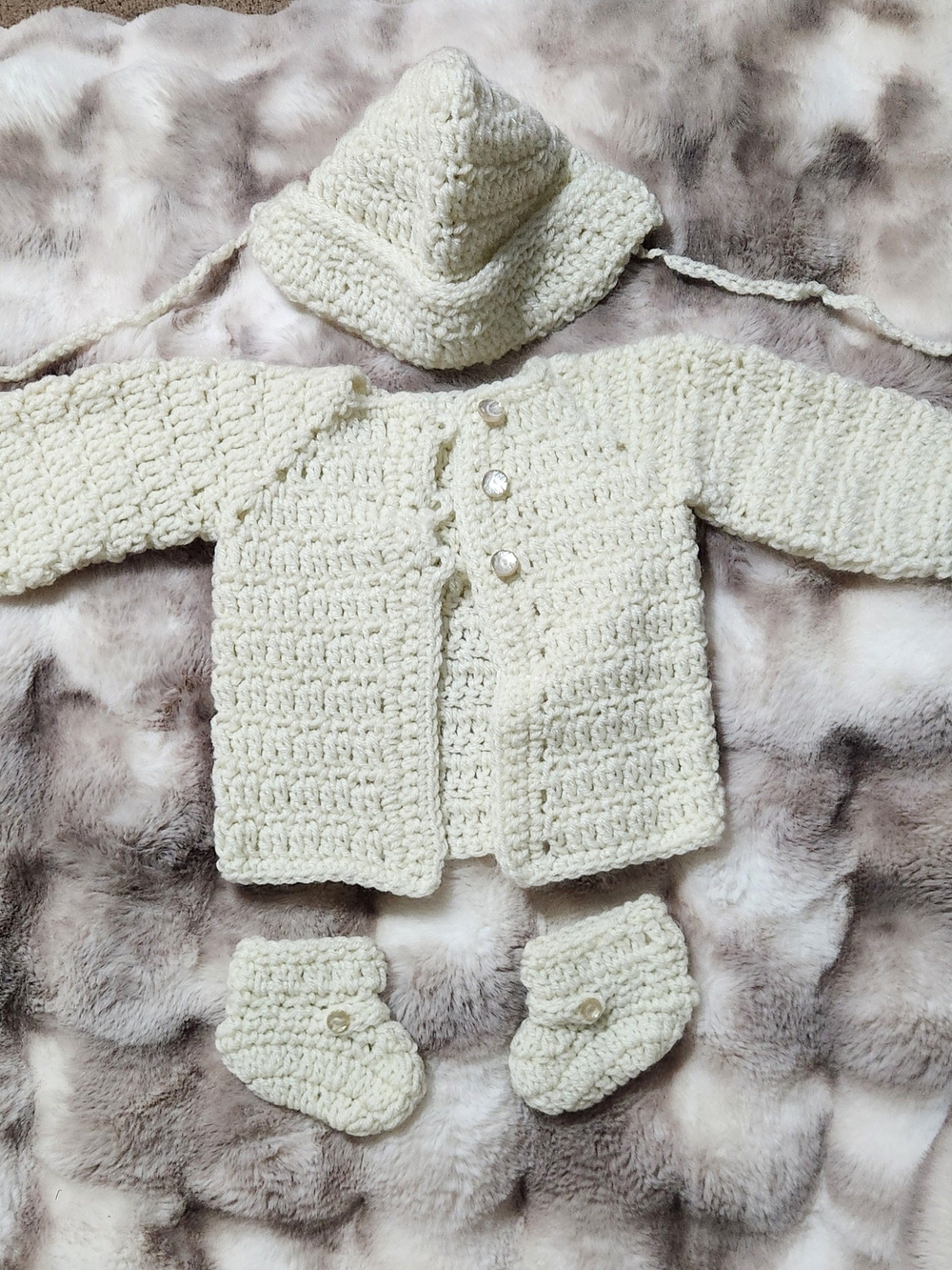 Handmade Cream Crochet Baby Cardigan, Hat & Booties Set